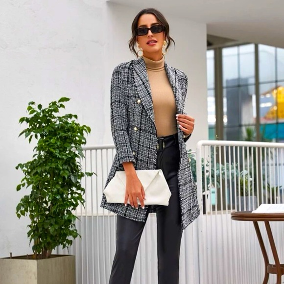 Double Button Plaid Tweed Coat- Black & White - Picture 1 of 6
